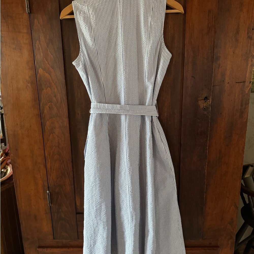 Anne Klein Blue Striped Seersucker Sleeveless Midi Shirt Dress - Picture 10 of 10